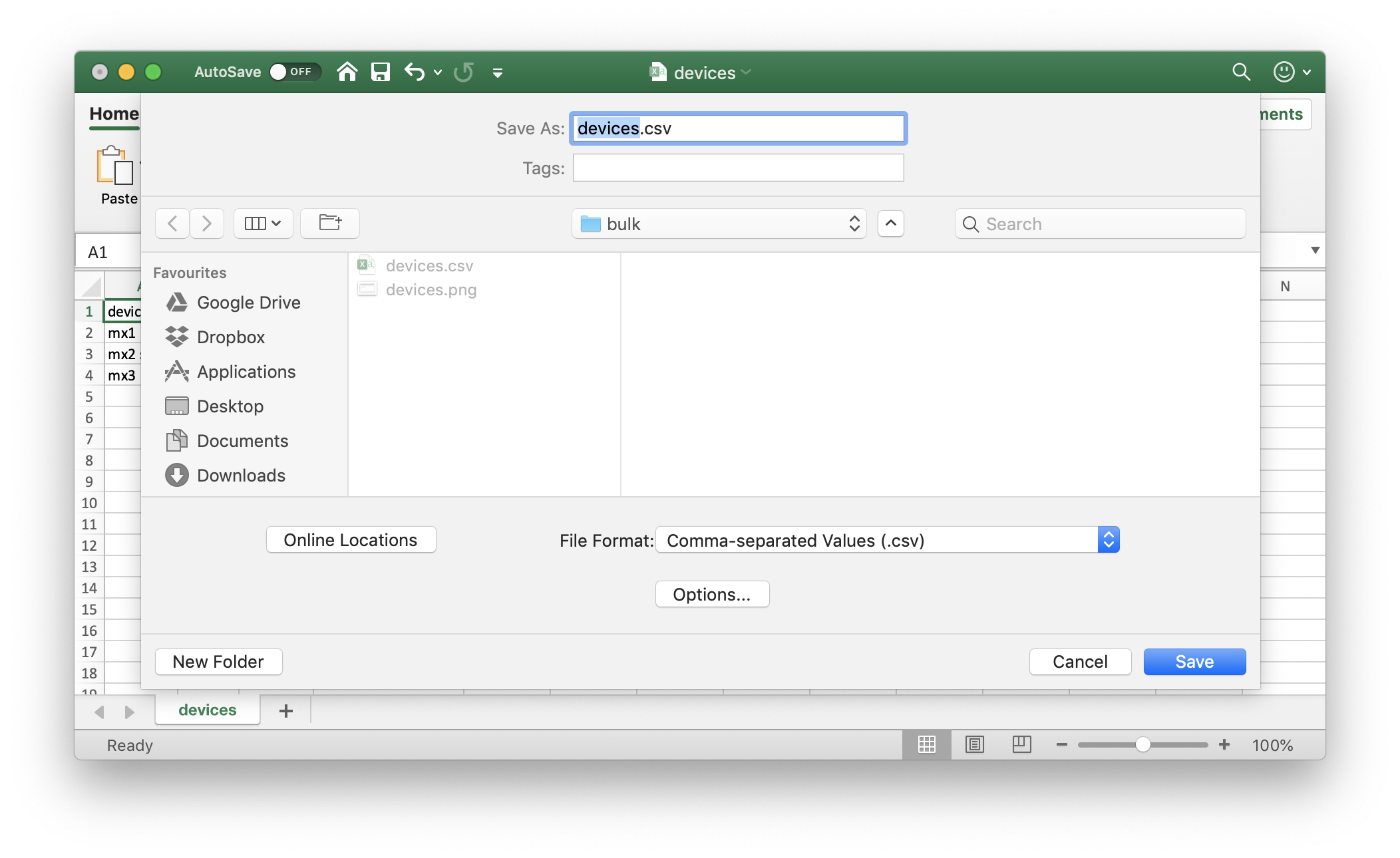 excel devices csv